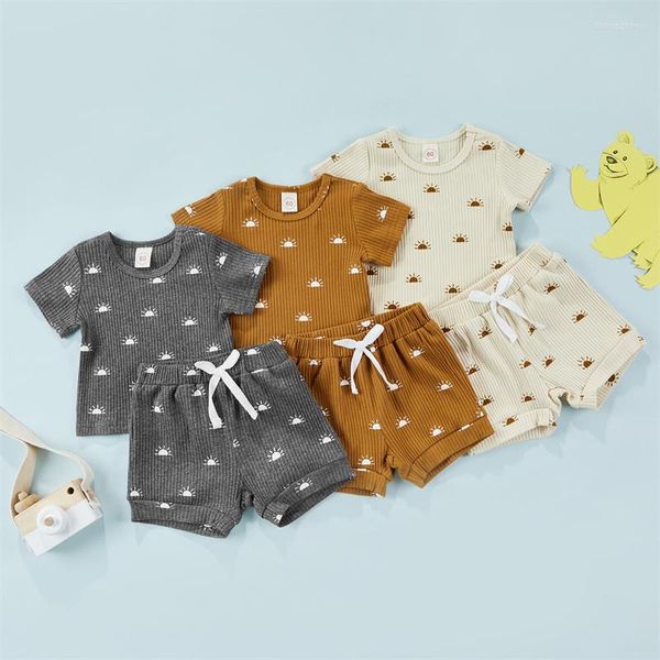 Summer Casual newborn outfit set for Infants: Sun Printed Ribbed Knitted Top and Bandage Pants for Boys and Girls