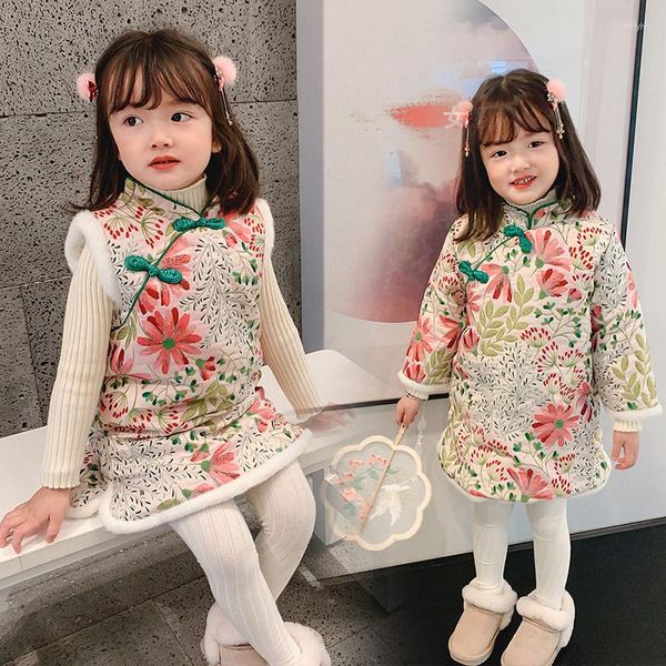 Ethnische Kleidung Kinder Mädchen Chinesischer Stil Cheongsam Jahr Outfits Winter Tang Anzug Weste Stickerei Qipao Kleid Orientalische Hanfu Pelzmantel