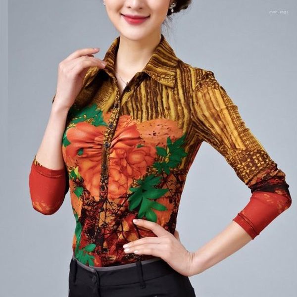 Damenblusen 2023 Herbst Frühling Damen Bedrucktes Blumenmuster Orange Vollärmelige Mesh-Bluse Weibliche Frauen 3XL Slim Plissee Cardigan