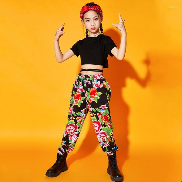 Stage Wear Girls Jazz Dancing Performance Costume Black Crops Tops Fashion Hip-Hop Mangas curtas Terno de dança de rua de verão BL6249