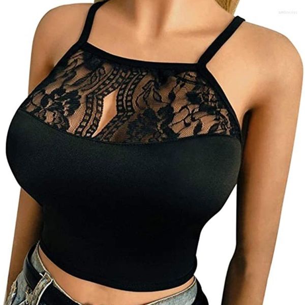 Canottiere da donna J78E Donne Sexy Halter Spaghetti Strap Bralette Scava Fuori Colore Solido Canotta Reggiseno Sheer Pizzo Floreale Patchwork Bustier