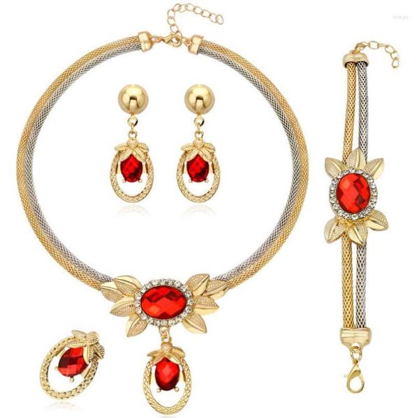 Collana Orecchini Set Fiore di cristallo Ciondolo Bracciale Spilla Oro Argento Doppio popcorn Set di catene vuote per le donne