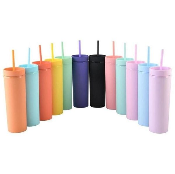Ups 17 pastel renkler 16 oz mat akrilik skinny tumblers ile kapak saman çift duvar yalıtımlı ince su şişeleri diy yeniden kullanılabilir plastik bardaklar macron kahve kupaları