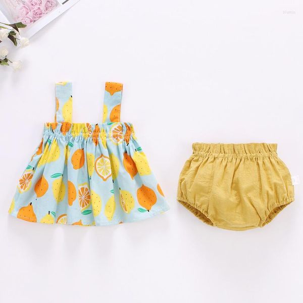 Set di abbigliamento Sump Skirt Skirt Abito per bambini Modello di frutta senza maniche Shorts Elastic Waist Roupas Infantis Summer Born Girls Dress