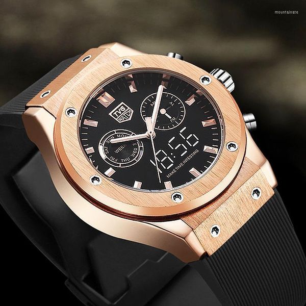 Armbanduhren Herrenuhr 2023 TVG Top Herrenuhren Wasserdicht Dual Time Analog Digital Quarz Roségold Herren Silicoristwatches Armbanduhren