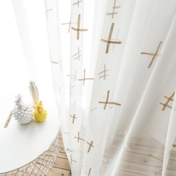 Curta Coffee Cross Bordado Sheer para sala de estar Quarto simples Organza Modern Organza Fabric Bay Drapes JS214C