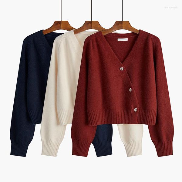 Damen-Strickpullover, lockerer Damen-Cardigan, gestrickt, Herbst, langärmelig, niedlich, mit einem Knopf, bauchfrei, modisch, V-Ausschnitt, ganz passend, kurze Jacke