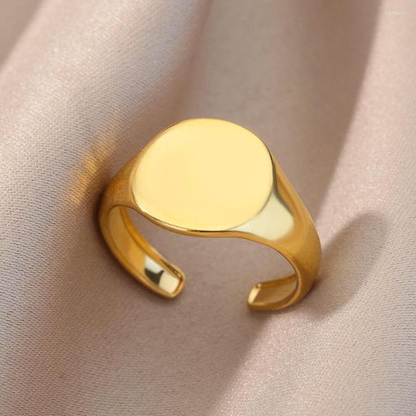 Fedi nuziali Con sigillo tondo lucido semplice per le donne Anello regolabile aperto in acciaio inossidabile color oro Regalo di gioielli per coppie di moda
