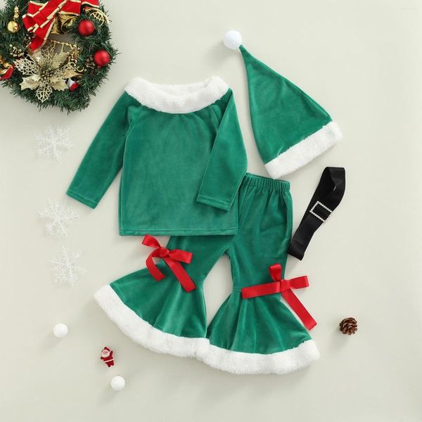 Kleidungssets CitgeeHerbst Weihnachten Kind Mädchen Outfits Samt Langarm Tops Schlaghose Hut Gürtel Grün Weihnachten Kleidung Set