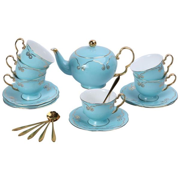 Tazze Piattini Tazza da caffè in ceramica reale Piattino Set Lusso Creativo Cinese Blue Bone China Cucchiaio in porcellana Semplice Xicaras De Cafe Tea 6