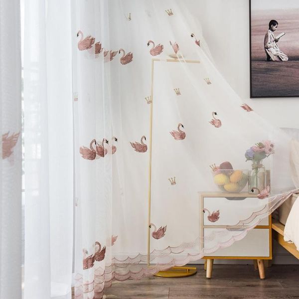 Tenda Rosa/Bianco Cigno ricamato Tulle Tende per bambini Principessa Soggiorno Camera da letto Filato trasparente Tessuto a rete Schermi per finestre Cucina