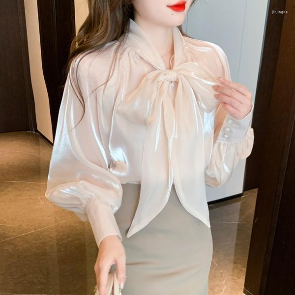 Frauen Blusen Koreanischen Stil Shirt Weibliche Große Fliege Bluse Retro Laterne Lange Ärmeln Elegante Frauen 2023 Frühling Rosa organza Tops