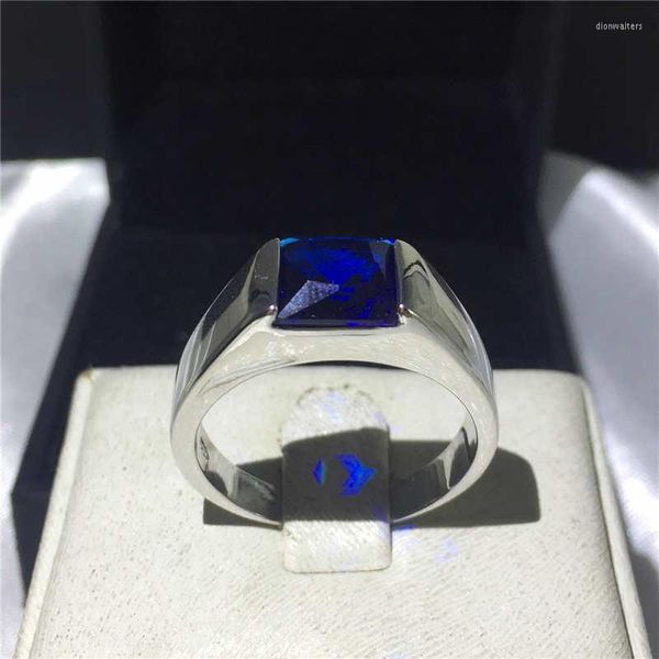 Eheringe Solide Silber Farbe 925 Für Männer Frauen Platz Blauen Saphir Stein Bands CZ Versprechen Verlobungsring Männlichen Schmuck