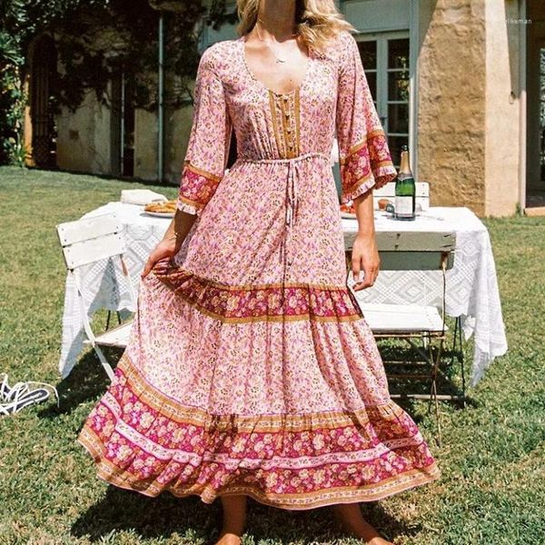 Vestidos de festa ciganos estampados floral boho maxi vestido rosa verão férias flee sleeve botão frontal ladies chiques feminino feminino