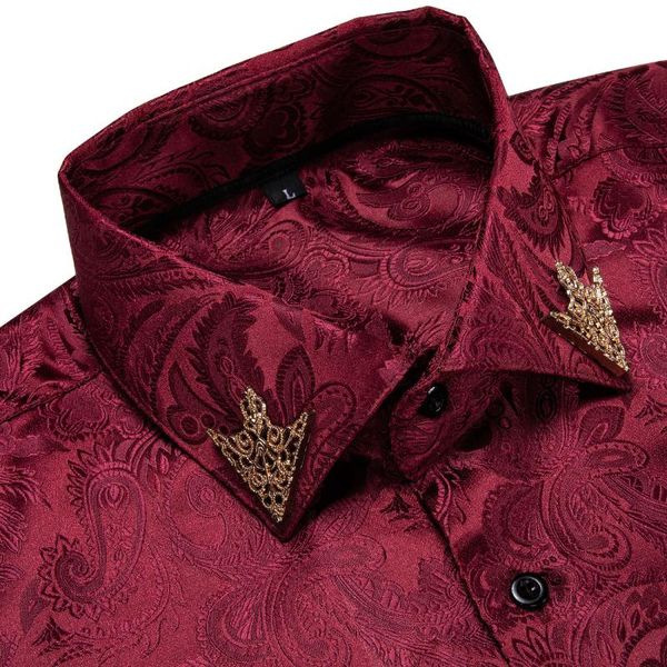 Camicie casual da uomo Marca Camicia rossa da uomo Manica lunga Paisley Button Down Formale sociale con spilla da colletto Camicetta primaverile maschile DiBanGuMen's