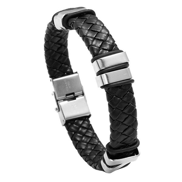 Bracciali da tennis Semplice nero intrecciato Corda in pelle intrecciata Acciaio inossidabile Decorativo Accessori per mani maschili da uomo Gioielli di modaTennis