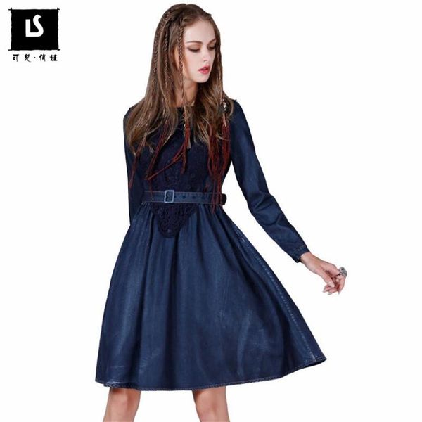 Abiti casual Primavera Autunno Donna Abito in denim morbido Cintura Slim Vintage Manica lunga A-Line Abiti eleganti taglie forti