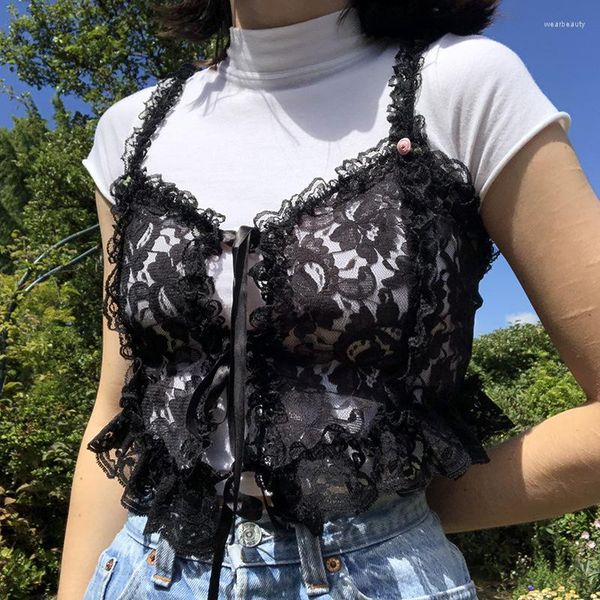 Serbatoi da donna Pizzo Sexy Gotico Vedi attraverso Camis Black Mall Goth E-Girl Ruffles Crop Top Donna Backless Senza maniche Fasciatura Abbigliamento