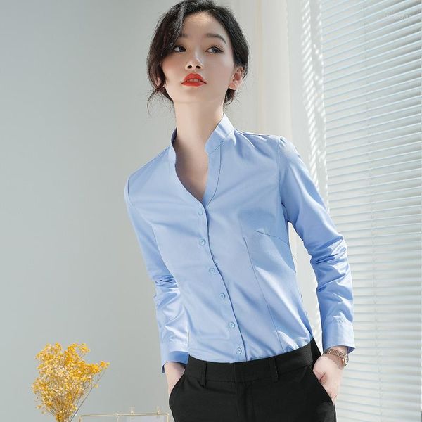 Camicette da donna Camicia bianca Manica lunga da donna Primavera e autunno Colletto piccolo professionale Colletto formale Abiti da lavoro con scollo a V