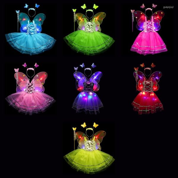 Kleidung Sets Kinder Mädchen Fee Cosplay Kostüm Set Metallic Ärmelloses Tutu Kleid LED Schmetterling Engel Flügel Zauberstab Stirnband Fancy Up 4 stücke