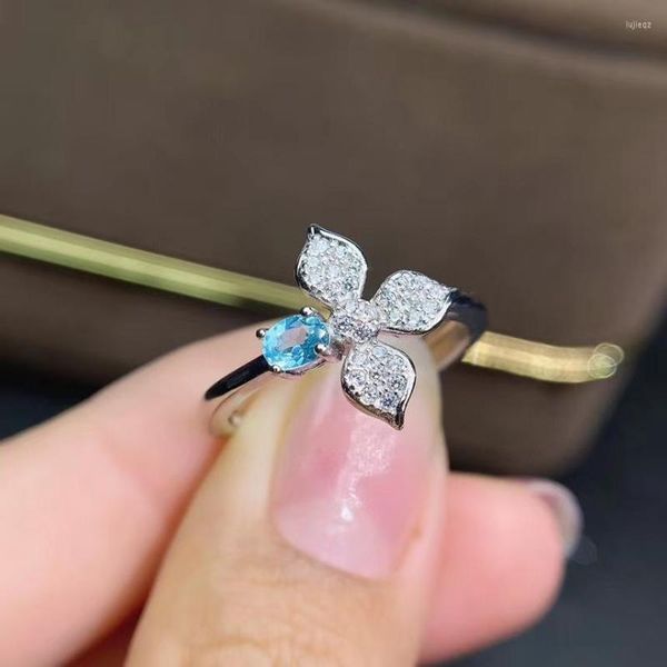Кластерные кольца в стиле цветов синий топаз драгоценный камень кольцо модные украшения 925 Серебряное серебро натуральный драгоценный камень белый день рождения подарок