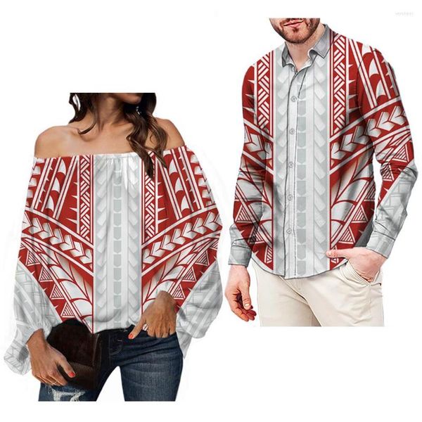 Camicette da donna Red Polynesian Samoa Tattoo Print Manica lunga da donna Top con spalle scoperte Camicie per feste / matrimoni / Quotidiano Blusas