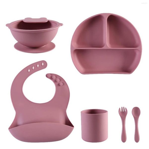 Set di stoviglie Set per l'alimentazione del bambino Silicone di grado Senza BPA Non tossico Include Bavaglino Piatto diviso Tovaglietta Tazza Bambino Self