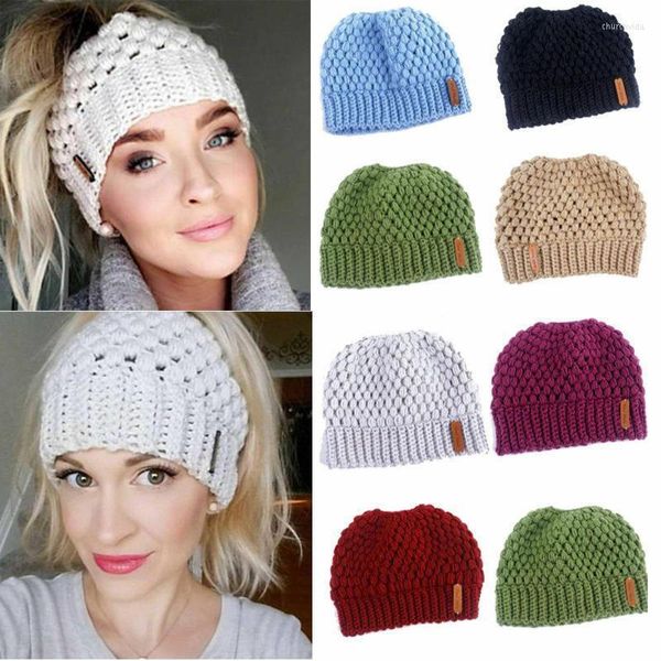 Berretti Beanie/Skull Caps Winter Knitting Hats Women Hat Ladies Girl Stretch Knit With Tag Messy Bun Holey Warm CapsBeanie/Skull