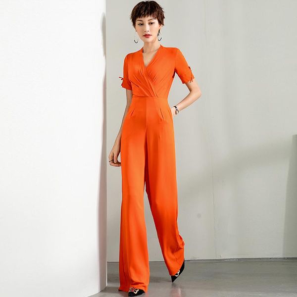 Damen Jumpsuits Strampler 2023 Damen Sommer Party Overall High Street Chiffon Elegant V-Ausschnitt Weites Bein Orange Plus Größe 3XL 4XL