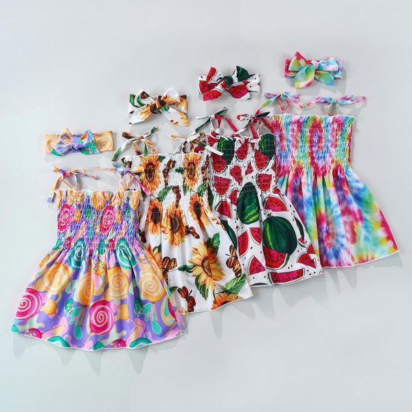 Mädchenkleider Pudcoco 2023 Süßes Outfit für kleine Mädchen Sommer Batik-/Wassermelonen-/Blumendruck ärmelloses Slip-Prinzessinnenkleid Kopfbedeckung