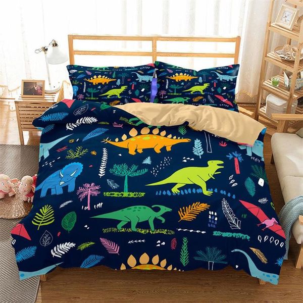 Set di biancheria da letto Cartoon Dinosour Set da letto blu Bambini Ragazzi Copripiumino Trapunta singola doppia Bambini con federa 1 persona