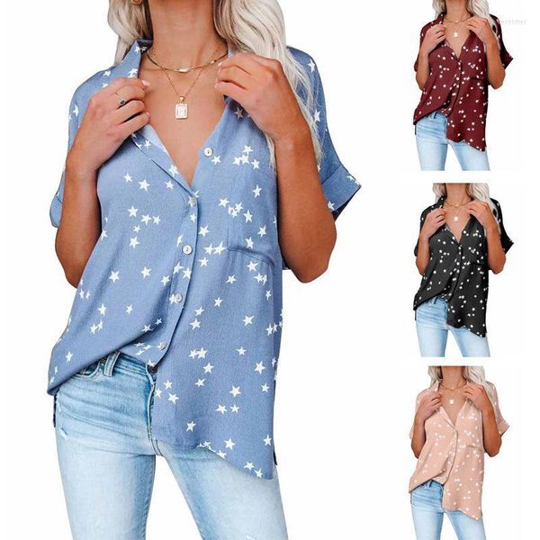 Blouses feminina camisas de moda camisa de manga curta feminino de verão estrelas de impressão botão de impressão usa blusa feminina feminina tops e blou