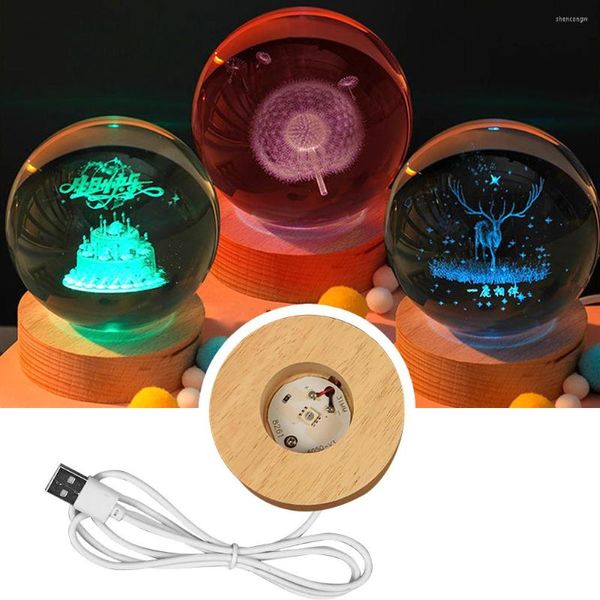 Nachtlichter, 6/7 cm, runder Holz-LED-Lampensockel, USB wiederaufladbar, Kristallglas-Kunst, beleuchteter Ornament-Ausstellungsständer