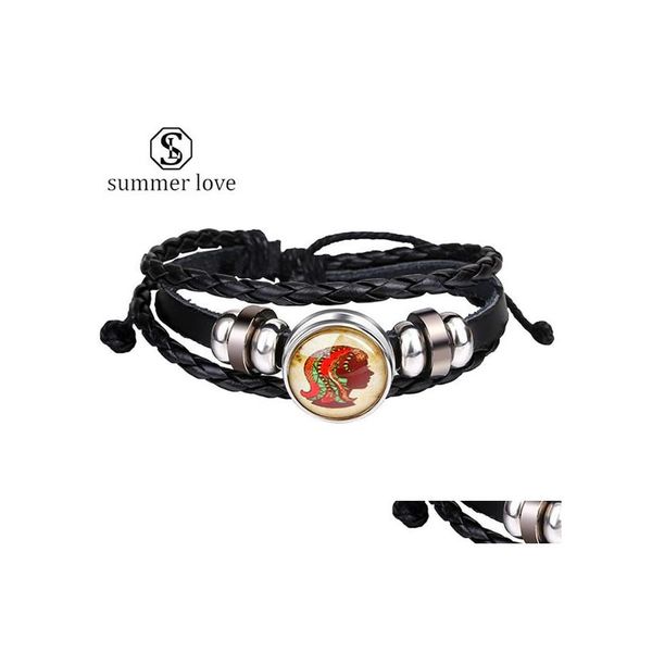 Cadeia de link 12 Constelações Bracelet Leather Zodiac Signs Punk Sier Placated Glass Ajustável Declaração Juderly Para Men Drop De Dhhrl