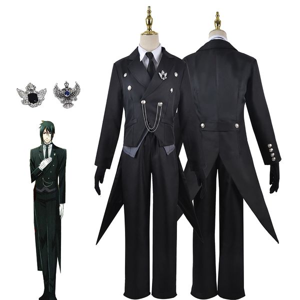 Anime Kostüme Black Butler Sebas Sebastian Michaelis Cosplay Smoking Karneval Schwarzer Frack für Halloween Perücke