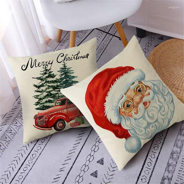 Taie d'oreiller 45x45cm Noël Noël Santa Tree Truck Po Lin Housse de coussin pour la maison Canapé Fenêtre Siège Décor Taies d'oreiller