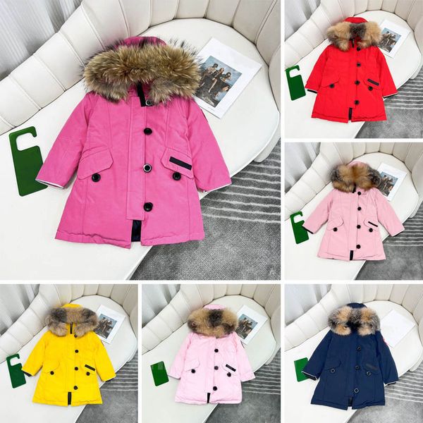 Детская пальто детская дизайнерская одежда в панель пиджак детская одежда со значкой с капюшоном с толстым теплым переходом девочки девочки классические парки 100% волчья мех воротник 6 стиль розовый