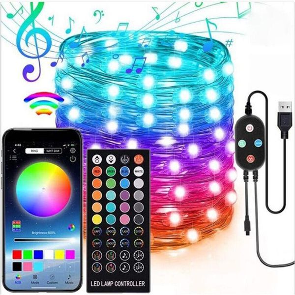 Stringhe USB LED String Light Bluetooth App Control Lampada in filo di rame Luci da fata esterne impermeabili per la decorazione dell'albero di Natale