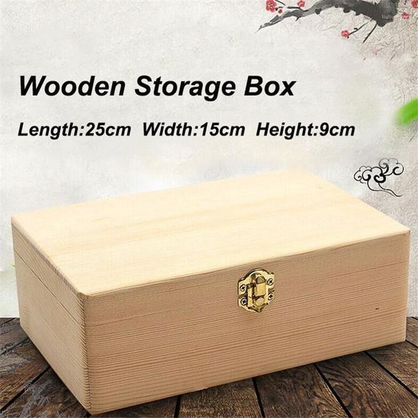 Aufbewahrungsboxen Natürliche Holzkiste mit Deckel Golden Lock Postkarte Kleinigkeiten Organizer Handgemachte Handwerk Schmuck Fall Home Bin