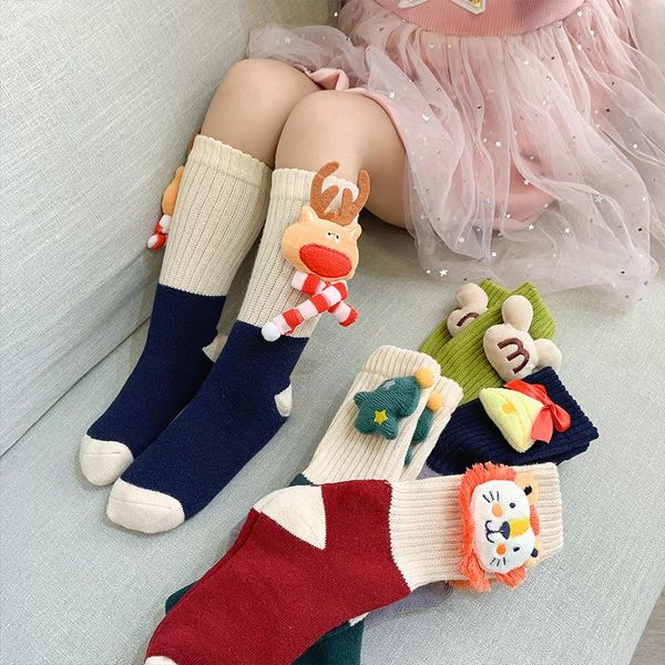 Çoraplar 2 Çift/Lot Çocuk Diz Yüksek Karikatür Sonbahar Kış Bebek Pamuk Çorap Festivali Noel Erkek Kız Kızlar Toddler 1 ila 12 yıl