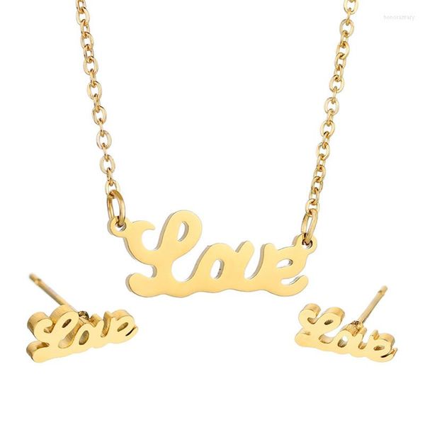 Halskette Ohrringe Set Frauen Titan Edelstahl Gold Farbe Buchstaben Anhänger Stud Für Mädchen Halsreifen