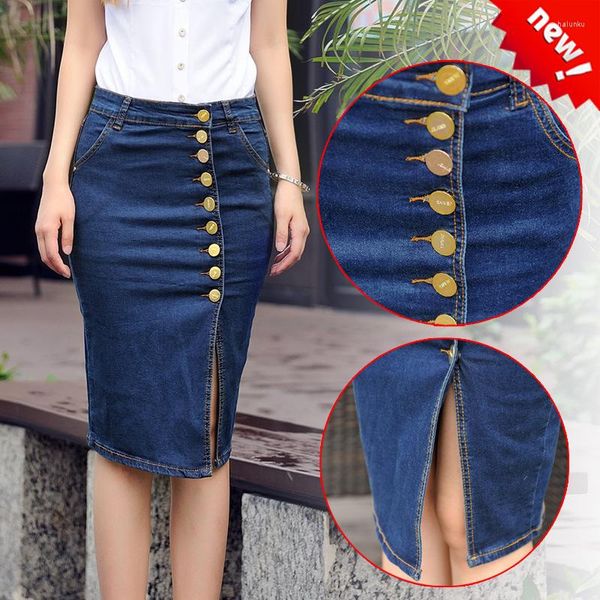 Röcke Ankunft Damen Blue High Waist Denim Damen Bleistiftjeans mit Knopf vorne 4XL Sexy knielanger Rock