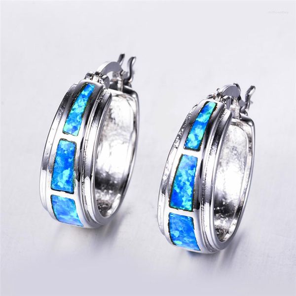 Orecchini a cerchio Boho femminile bianco blu opale di fuoco carino piccolo cerchio rotondo per le donne matrimonio vintage color argento