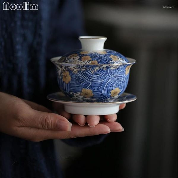 Tazze Piattini Porcellana Blu e Bianca Smaltata Colorata Tazza da tè in ceramica dipinta a mano Zuppiera da tè per ufficio Bicchieri cinesi Gaiwan