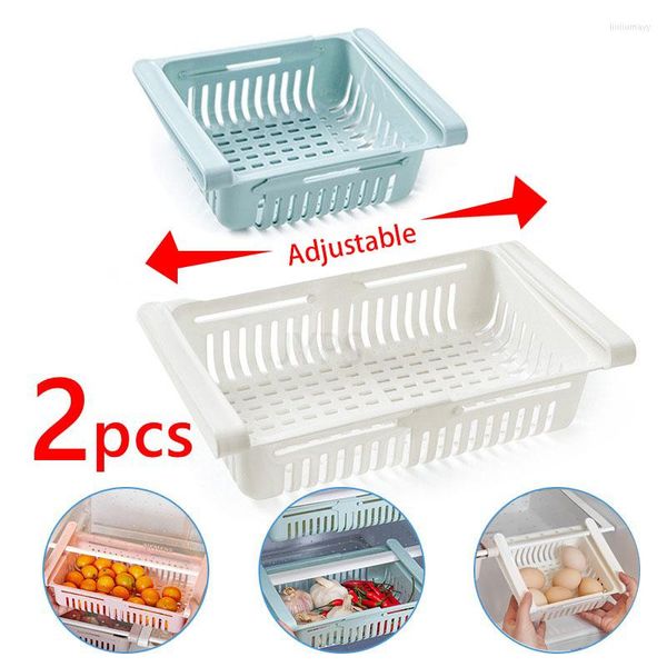 Caixas de armazenamento 1-2pcs Organizador de cozinha Caixa de gavetas da geladeira Extendível Refrigerador Prateleira Caso Caso Caso Plástico Prateleiras de Armário de Plástico