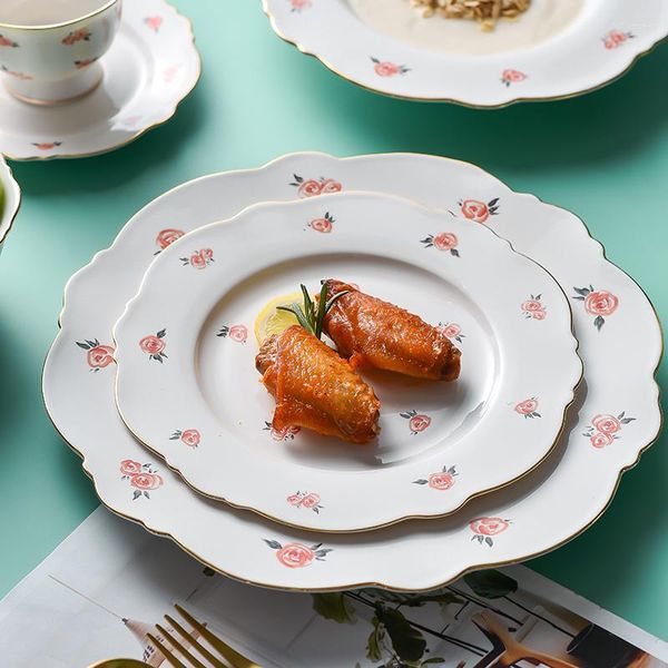 Piatti Ciotola in ceramica e set di piatti Bone China Phnom Penh Rose Stoviglie Dessert Piatto Western Bistecca Colazione