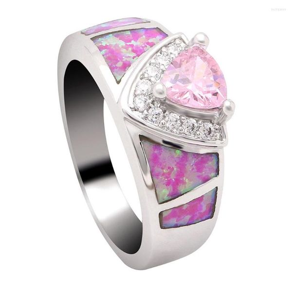 Hochzeit Ringe Mode Rosa Grün Dreieck Zirkon Mit Klar CZ Engagement Finger Ring Für Frauen Geschenk Luxus Feuer Opal Schmuck