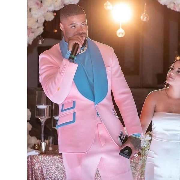 Ternos masculinos Blazers mais recentes smoking de noivo rosa personalizado para festas de casamento Shawl Blue Shawl com calças curtas personalizadas Made Fit Men 2 Piece