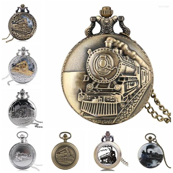 Relógios de bolso Retro Locomotive Motor Pattern Quartz Assista Bronze steampunk colar Pingente Chain Presente Colecionável para Homens Mulheres