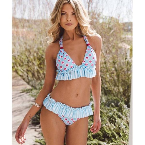 Traje de baño de mujer Split Bikini Ruffle Neck Cute Multicolor Tight Backless Floral Falda plisada Lady Sexy traje de baño Traje de baño para WomenWome